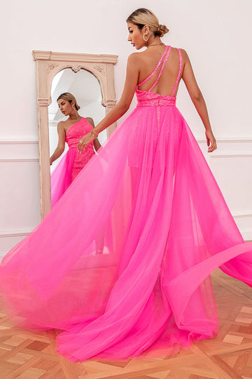 Vestido de fiesta de tren de color rosa caliente